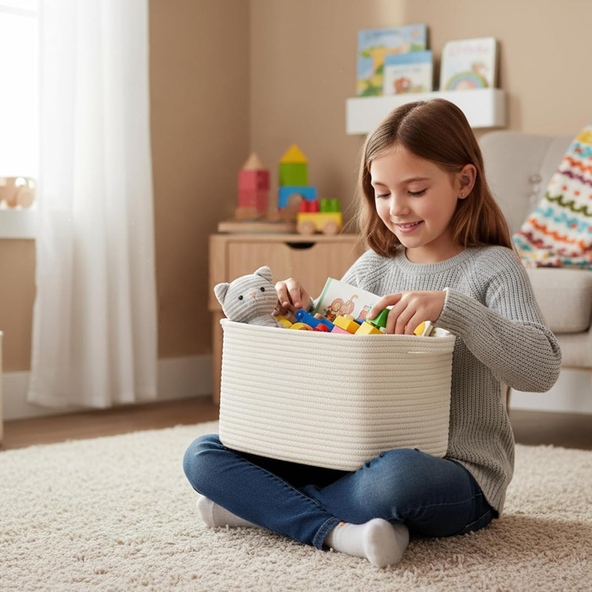 Cotton Rope Storage Basket 15"x10"x9" – Fabric Storage Bins for Organizing Clothes,Toys,Blankets