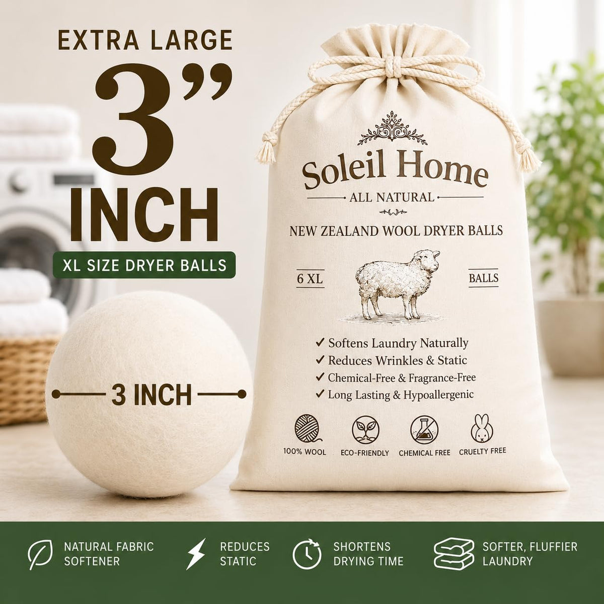 Wool Dryer Balls XL 6-Pack – 100% New Zealand Wool Laundry Balls – Natural Fabric Softener
