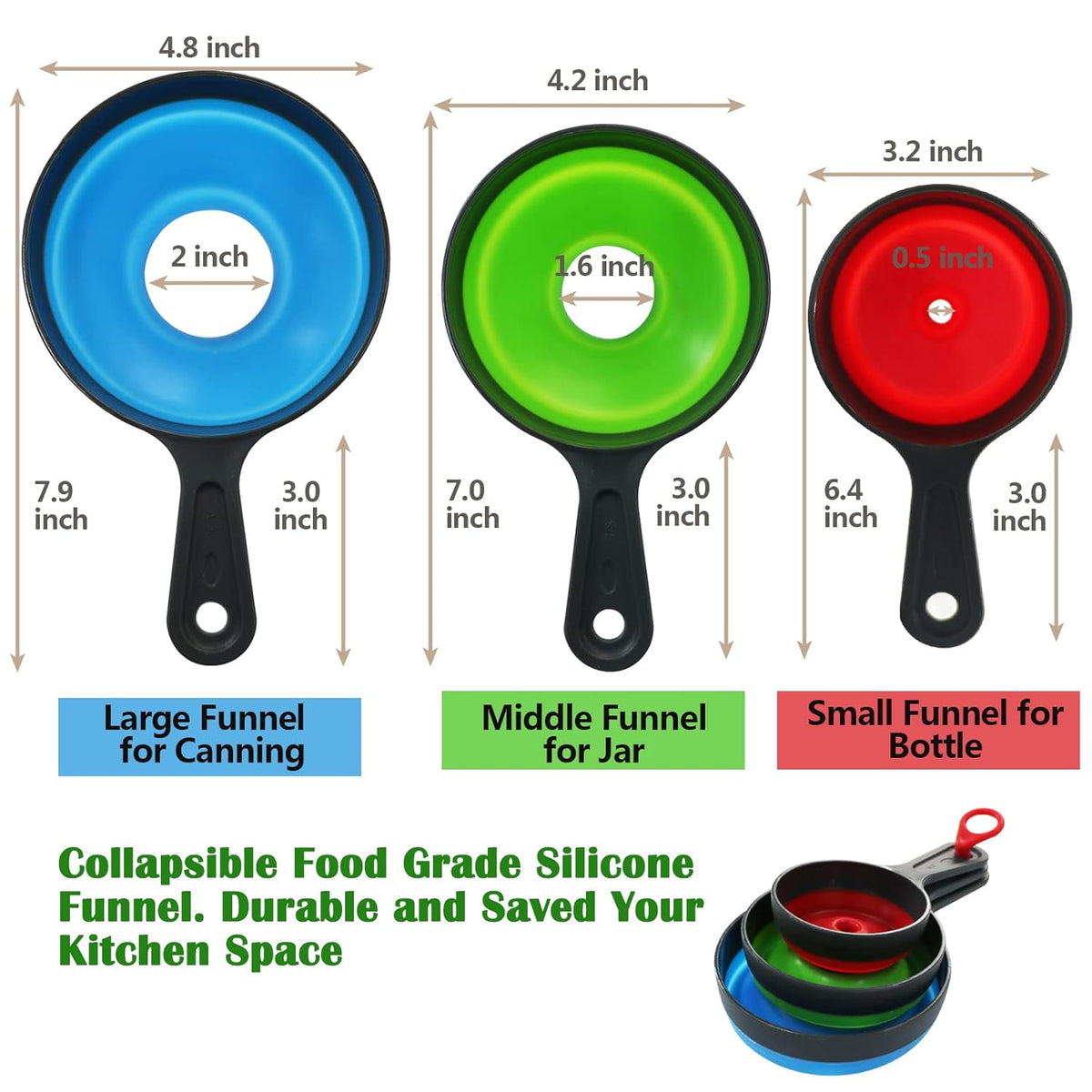 KongNai Canning Funnel for Wide and Regular Jars，Wide Mouth Funnels Sets of 3, Large for Mason Jar