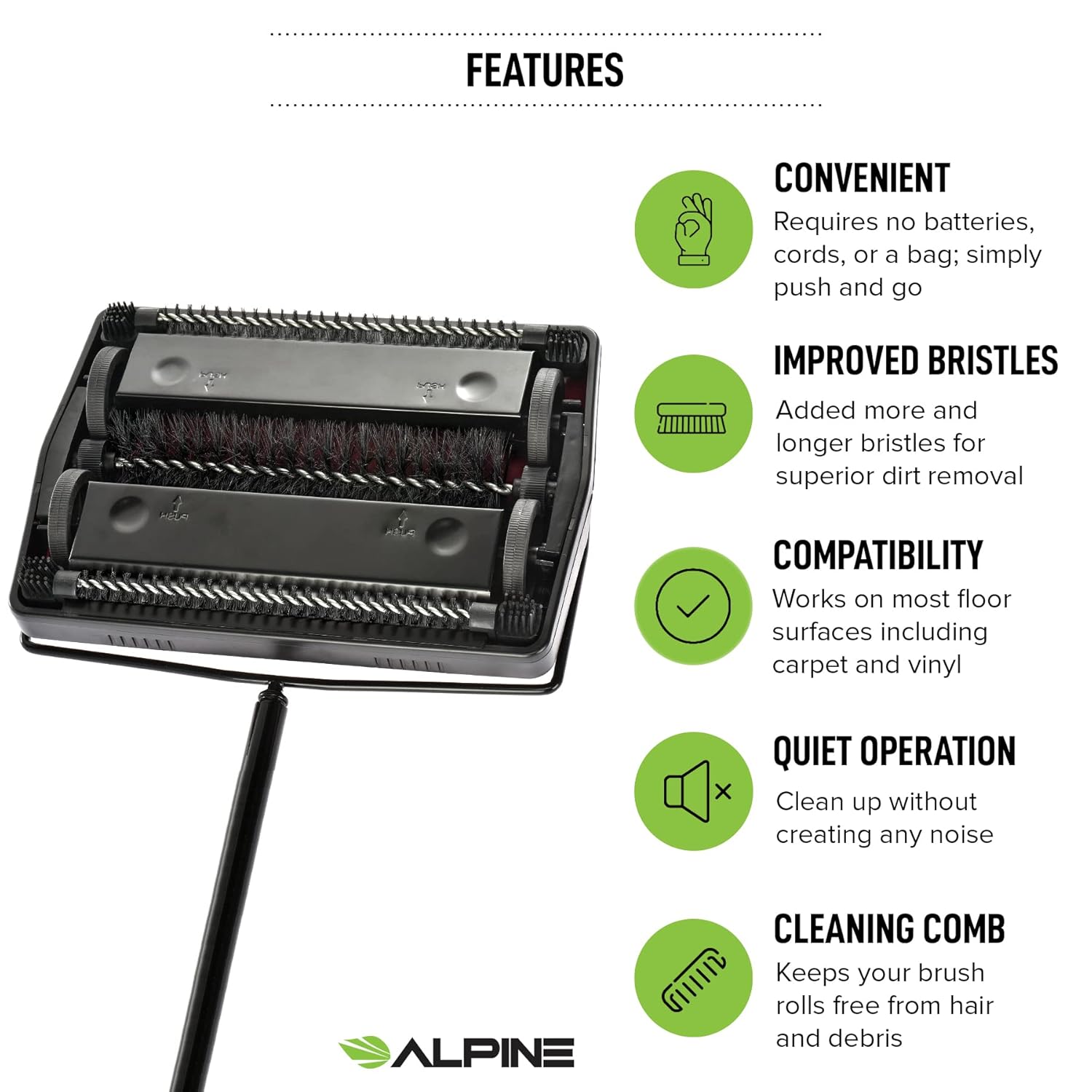 Alpine Manual Carpet Sweeper Triple Brush – Non Electric Multi-Surface Floor Cleaner Easy Sweeping