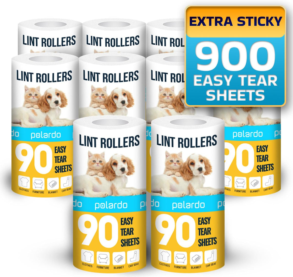 Lint Rollers 900 Sticky Sheets, 10 Spare Rollers,10 Pack of Refills Only. Pet Hair Remover for