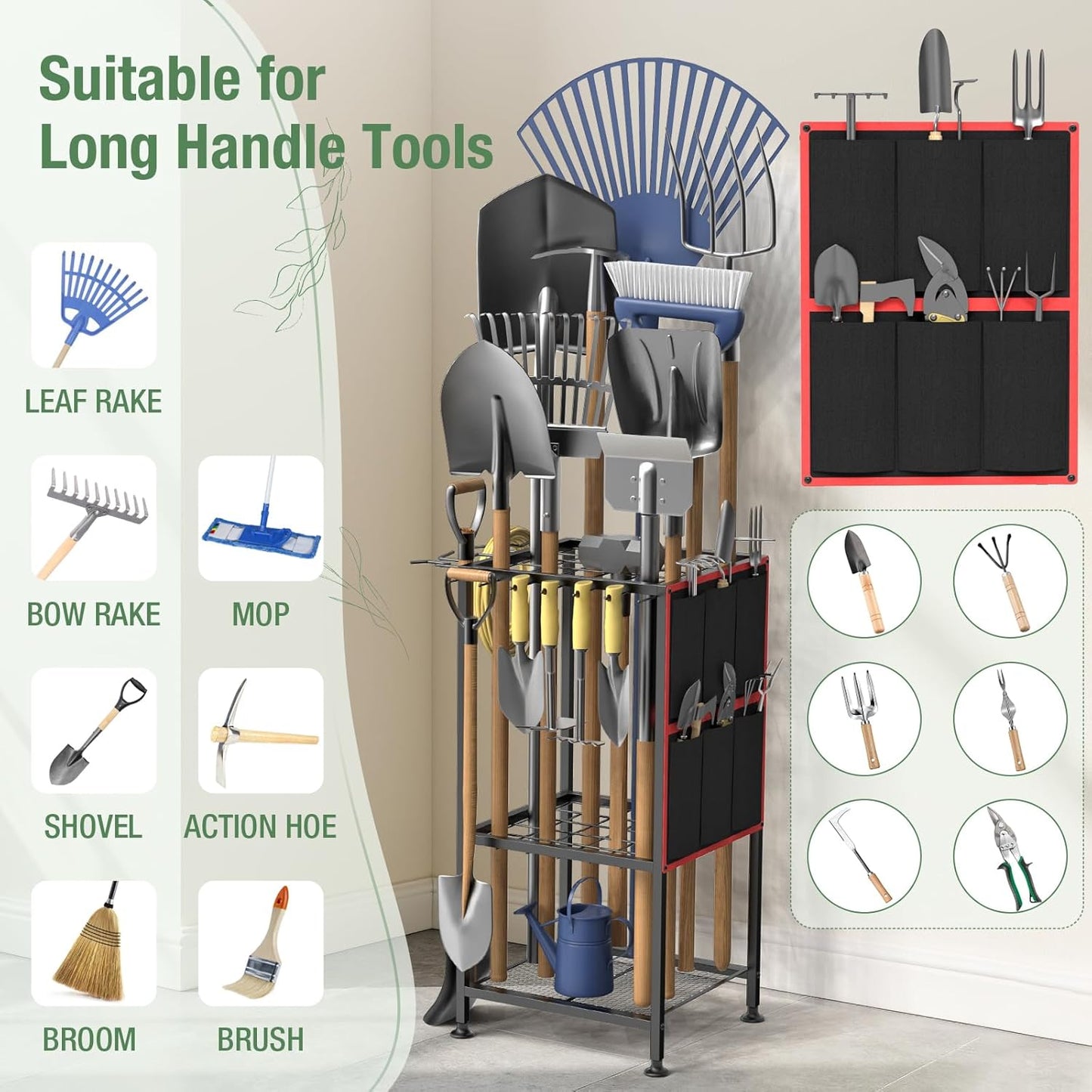Garden Tool Organizer,Metal Yard Tool Organizer,Holds 50 Long-Handled Tools/Rakes/Brooms,Side