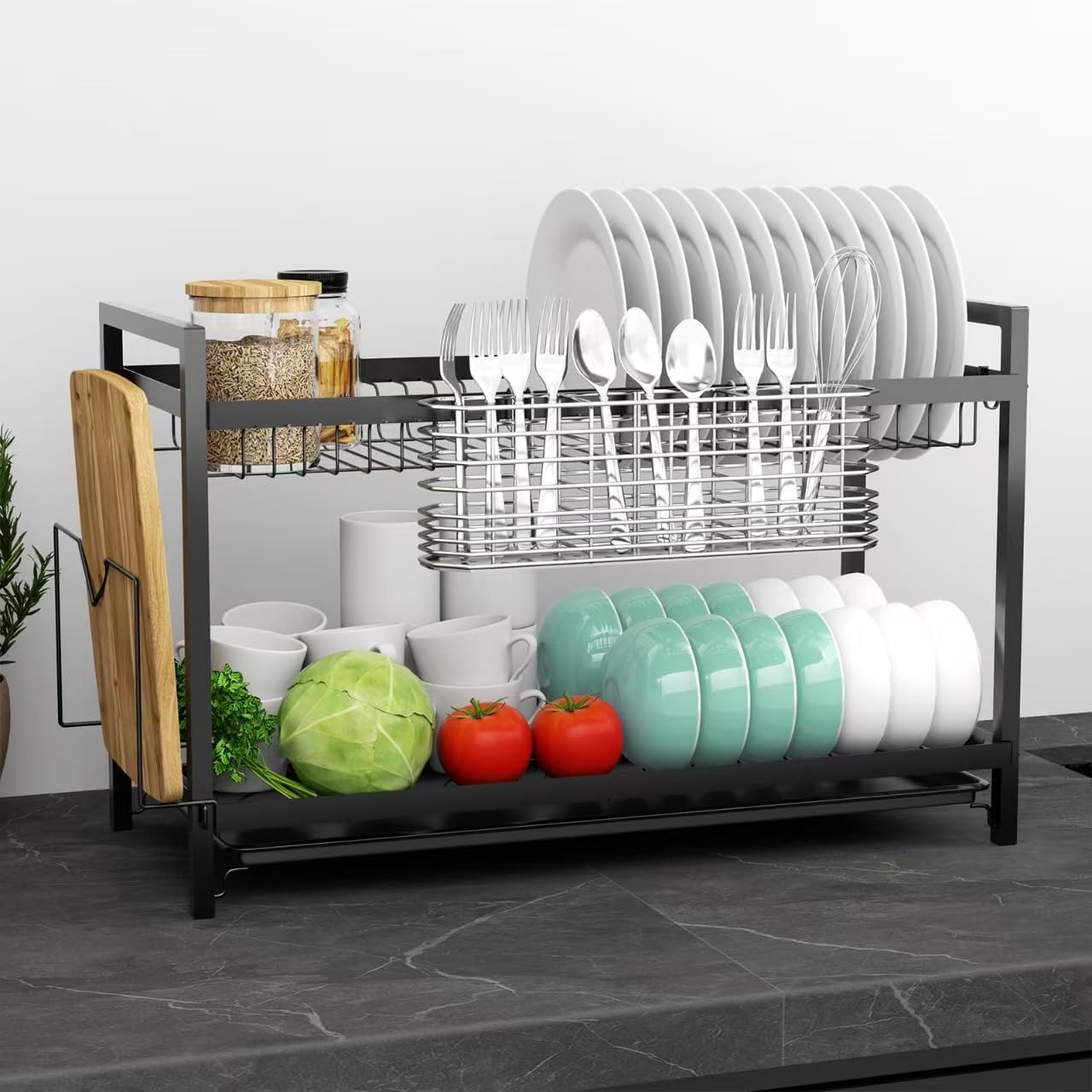 304 Stainless Steel Utensil Holder, Silverware Drying Rack with Hooks for Dish Drainer, Knife and