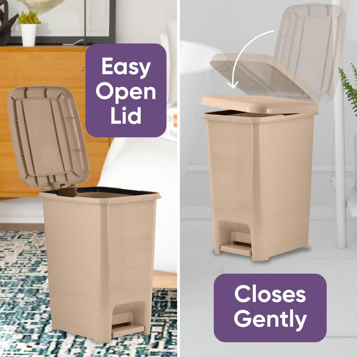 Superio Slim Step On Trash Can, Beige Waste Bin with Foot Pedal Lid 26 Liter, Kitchen, Under Desk