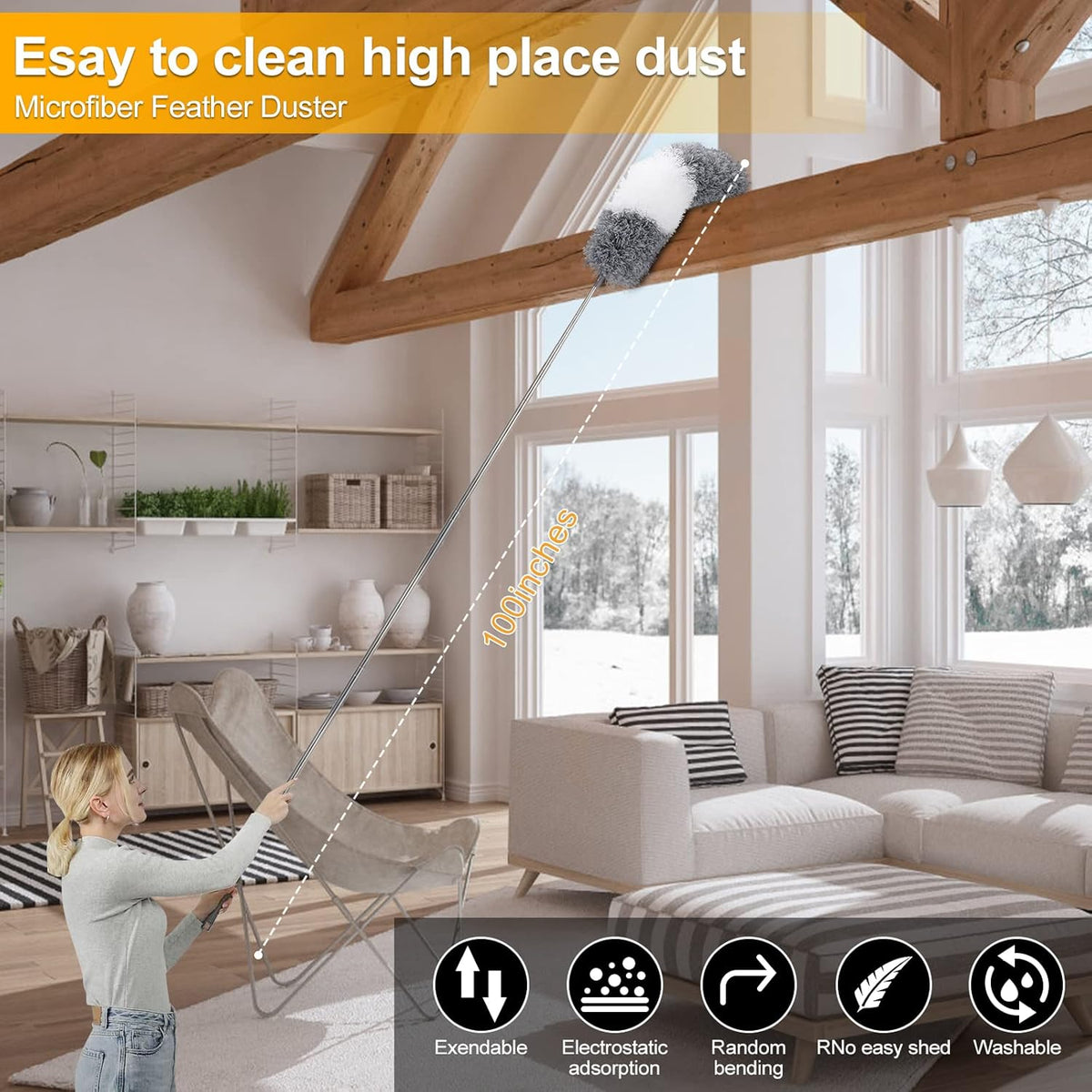 Microfiber Duster for Cleaning Fan, High Ceiling, Blinds, Furniture, Cars , 9PCS Extendable Feather
