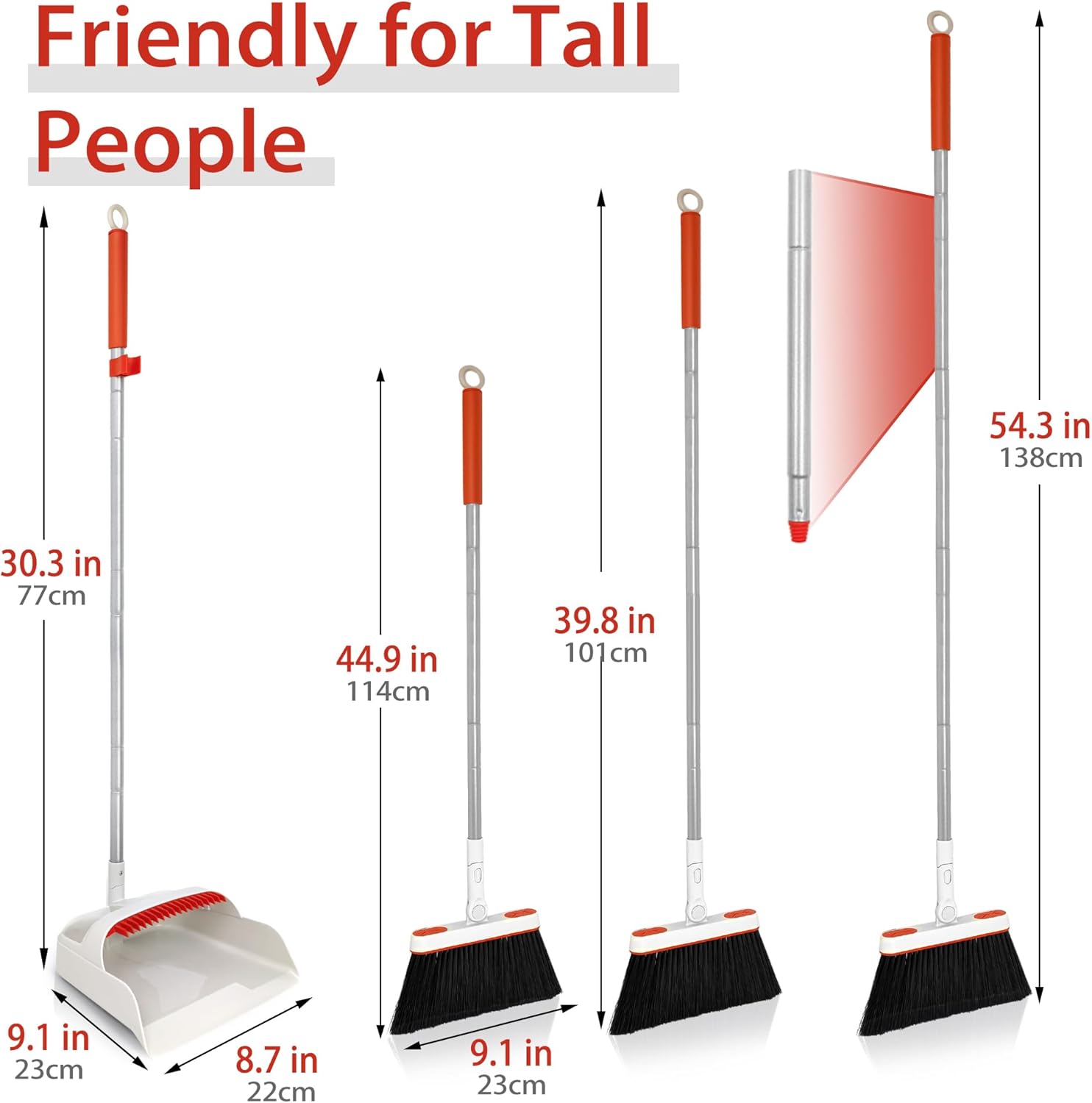 JEHONN Broom and Dustpan Set for Home, Long Handle Lightweight 180 Degree Rotating Broom Set