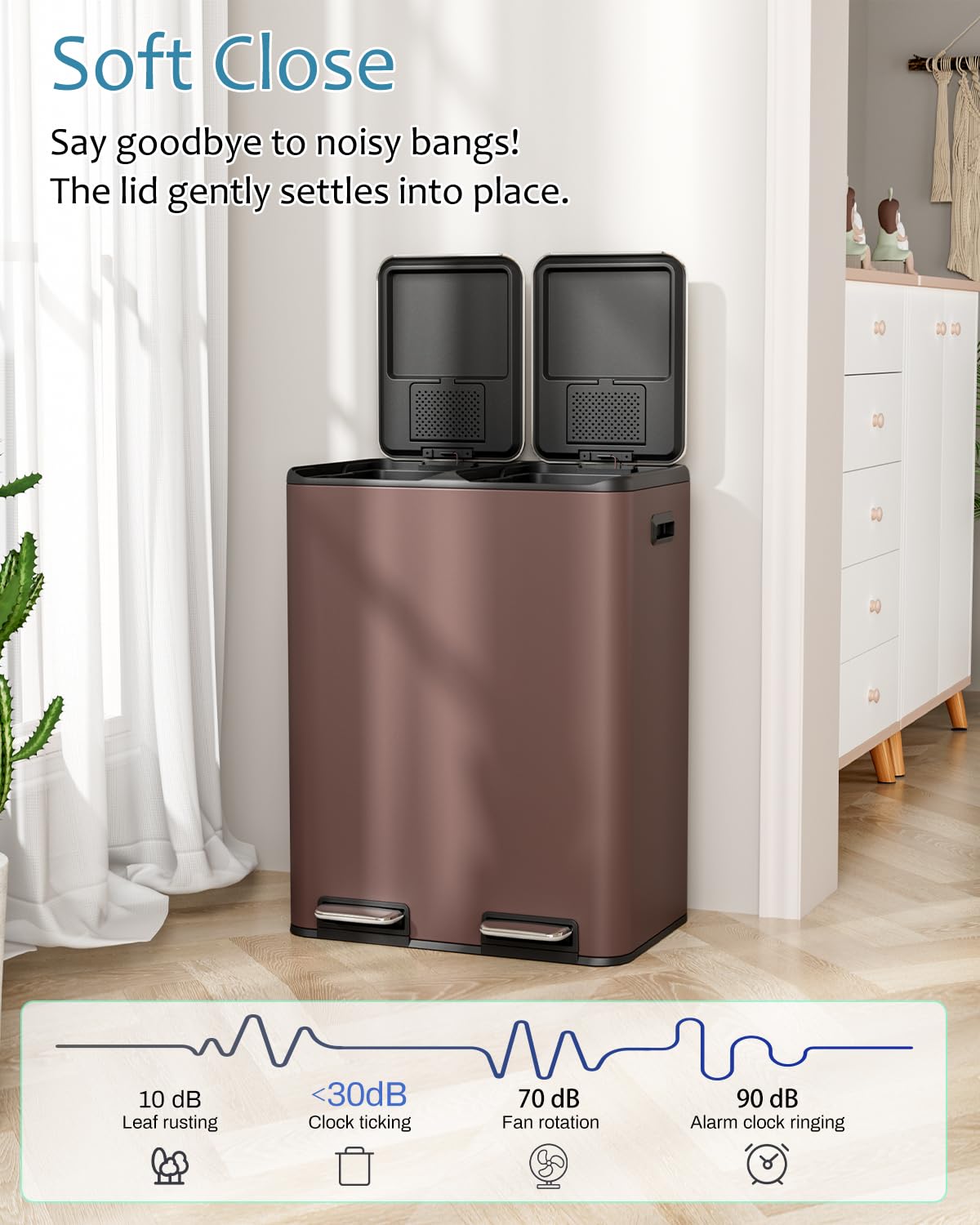 16 Gal (2 x 30 L) Dual Trash Can, Stainless Steel Kitchen Garbage Bin, Recycle Dustbin with Odor
