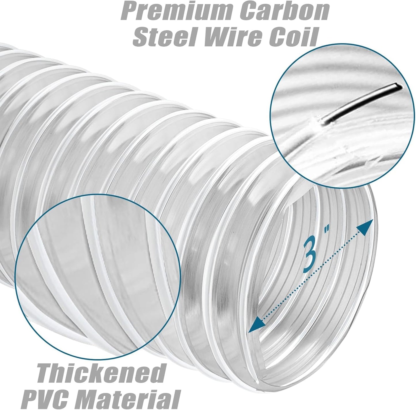 PVC Dust Collection Hose 3" x 10', Flexible Dust Collector Hose, Puncture Resistant Carbon Steel