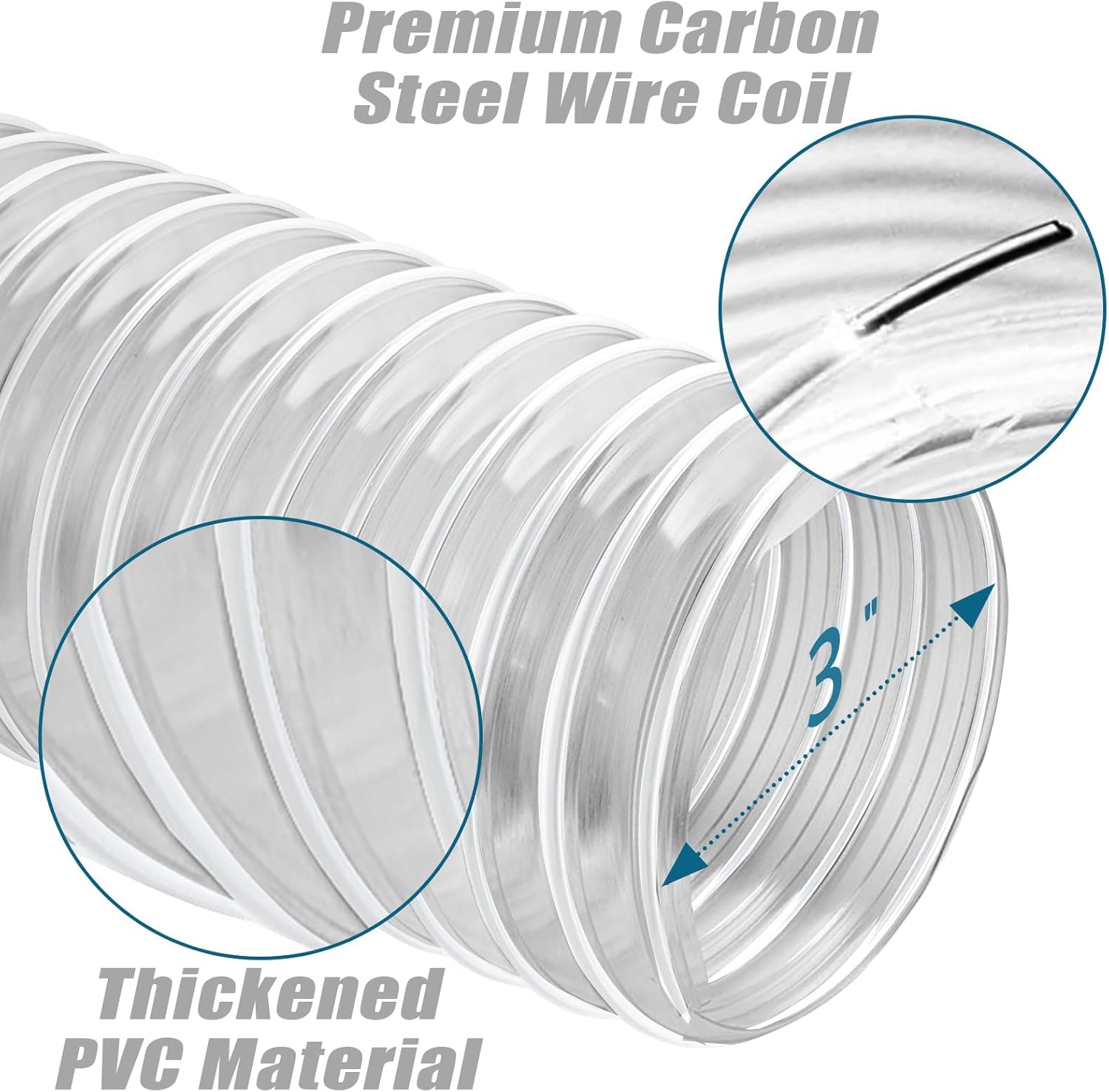 PVC Dust Collection Hose 3" x 10', Flexible Dust Collector Hose, Puncture Resistant Carbon Steel