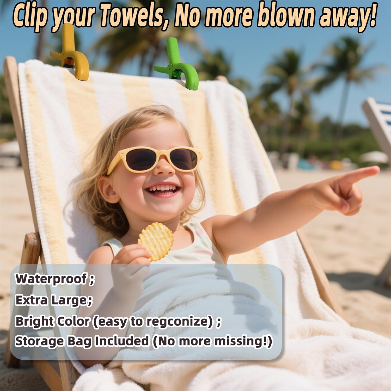 Jumbo Size Beach Towel Clips 8 Pcs, Storage Bag Included, Towel Clamps, Plastic Clothes Pegs