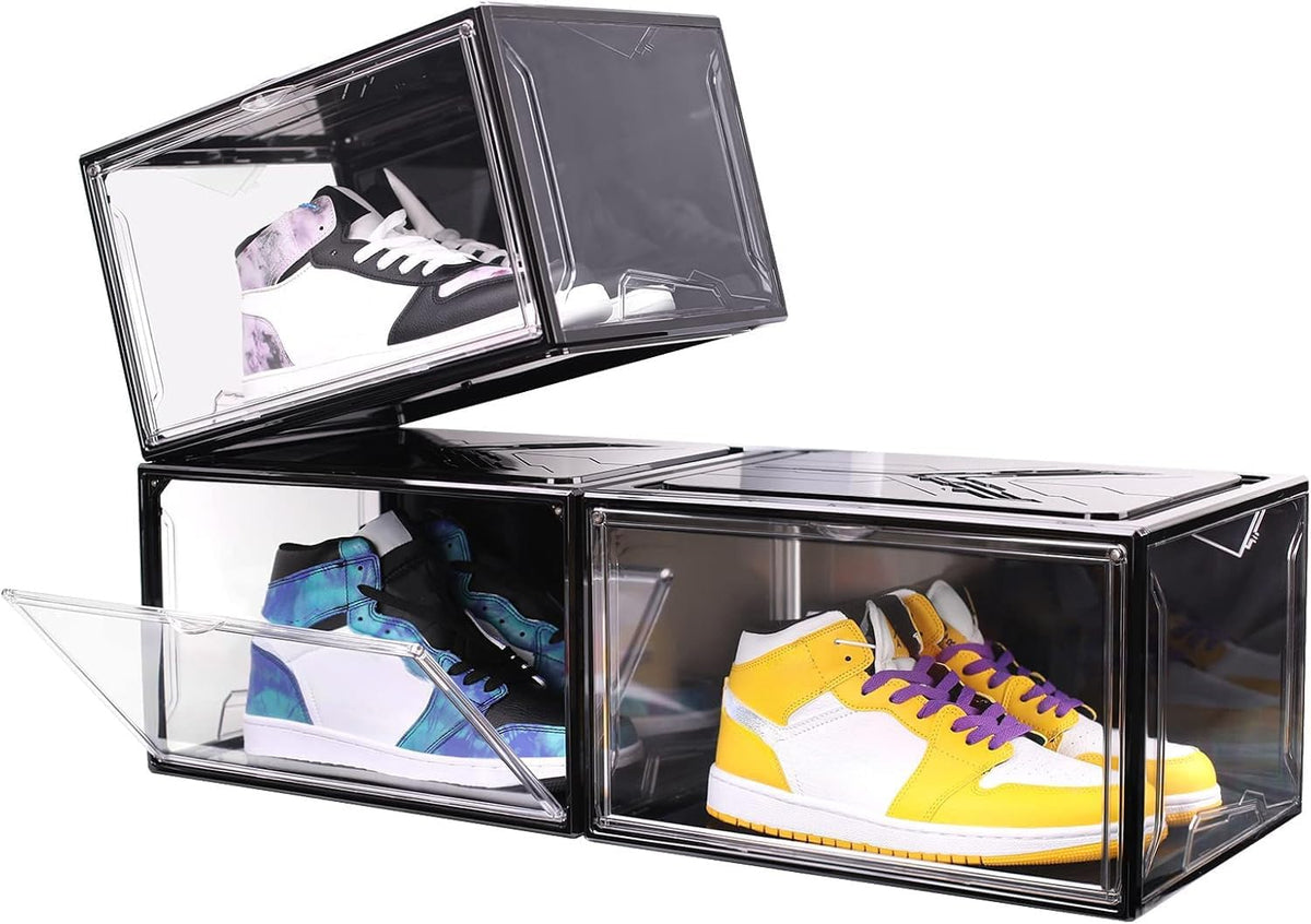 KDOR Clear Shoe Boxes Stackable, 3 Pack Shoe Storage Box with Lids Magnetic Door, Clear Sneaker