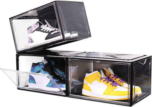 KDOR Clear Shoe Boxes Stackable, 3 Pack Shoe Storage Box with Lids Magnetic Door, Clear Sneaker