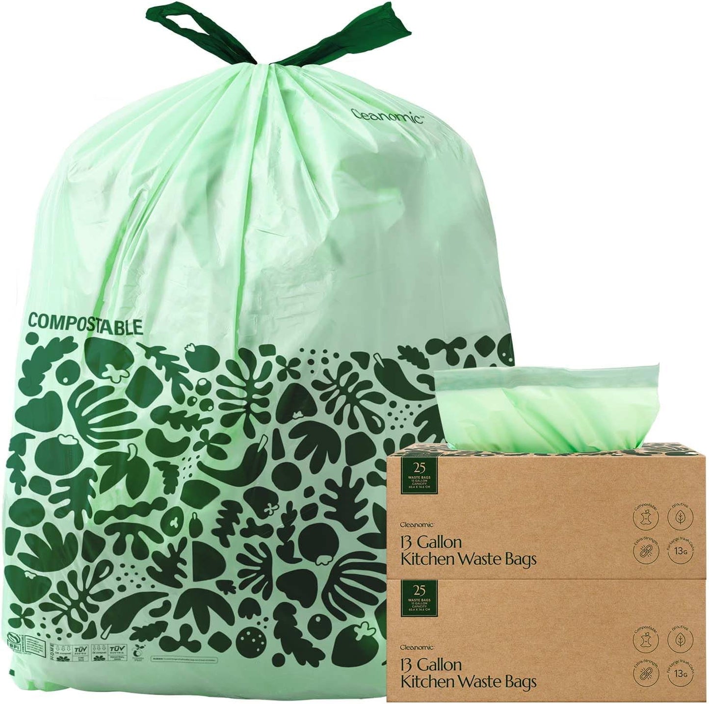 Cleanomic Compostable* 13 Gallon Trash Bags with Drawstring (2 Pack, 50 Count), BPI Certified For