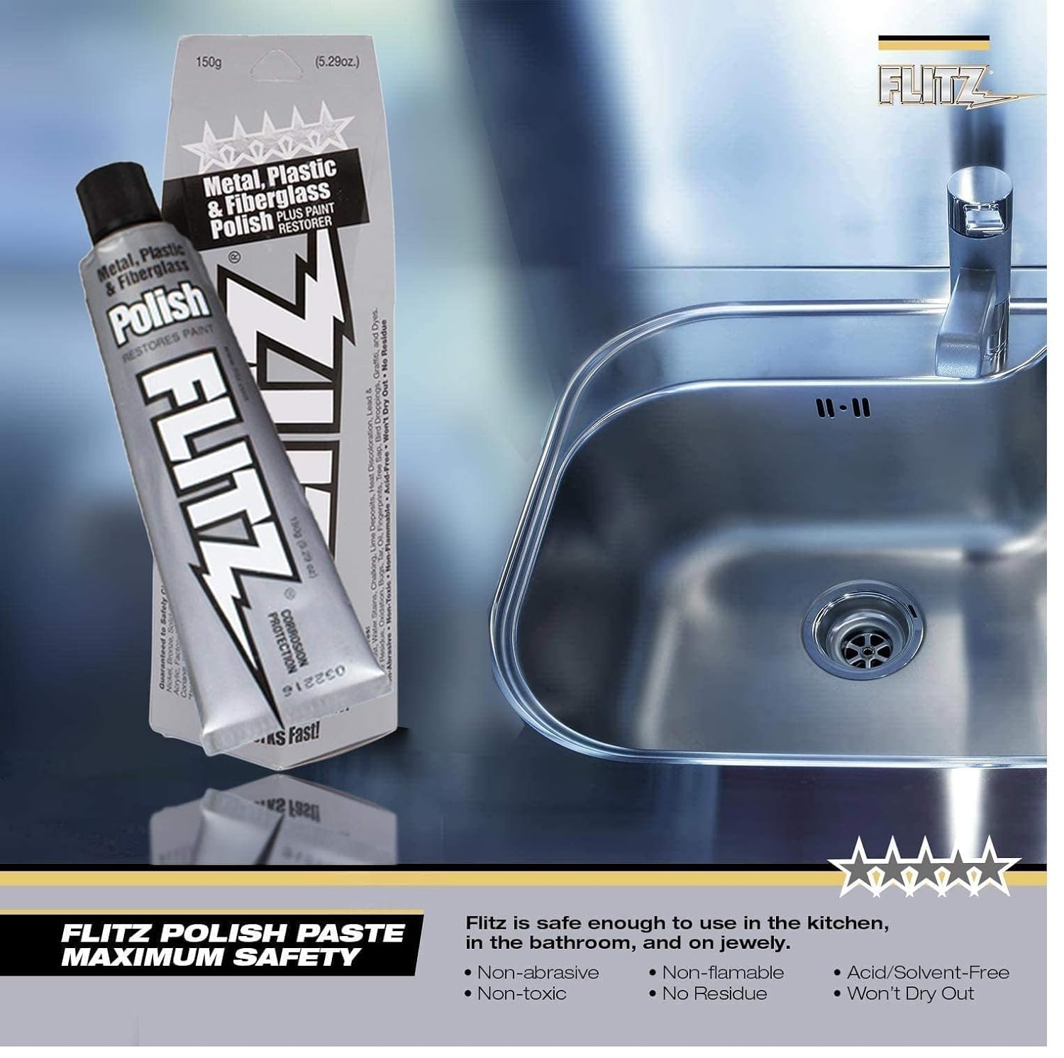 Flitz Multi-Purpose Metal Polish Paste - 5.29oz Tube of USA-Made Chrome Polish - Works on Stainless