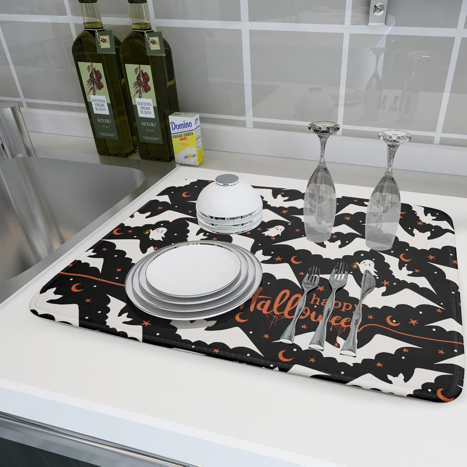 Halloween Drying Mats for Kitchen Counter 18”x24” Happy Halloween Spooky Bat Dishes Pad Microfiber