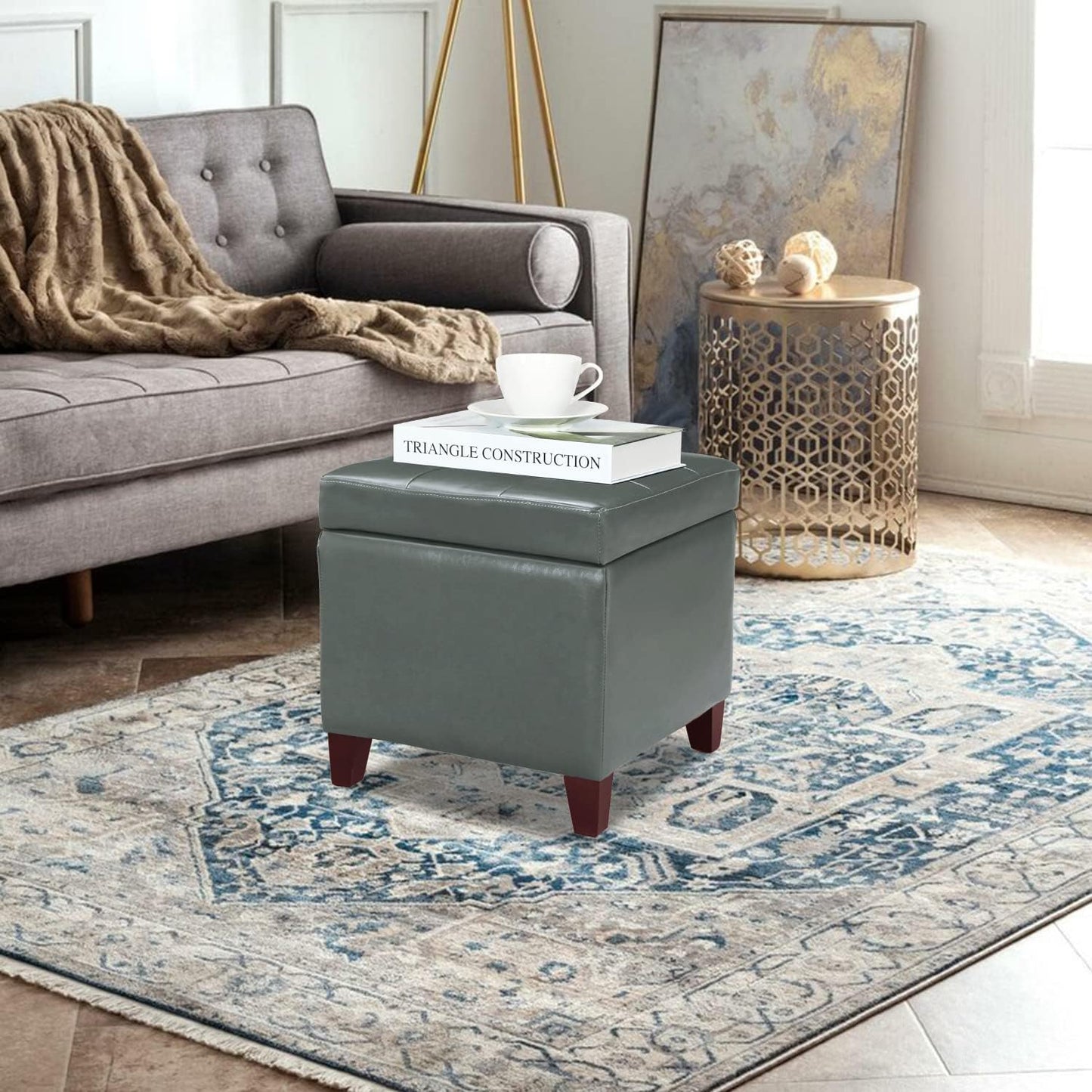 Adeco Bonded Leather Square Tufted Cubic Cube Footstool, 18" Height Storage Ottomans, with Lid
