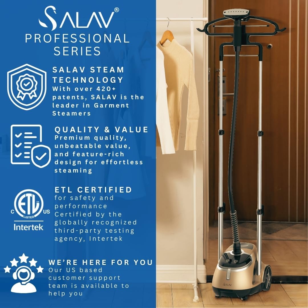 SALAV® Professional Garment Steamer for Clothes with Foot Pedal Control, Stainless Steel Steam