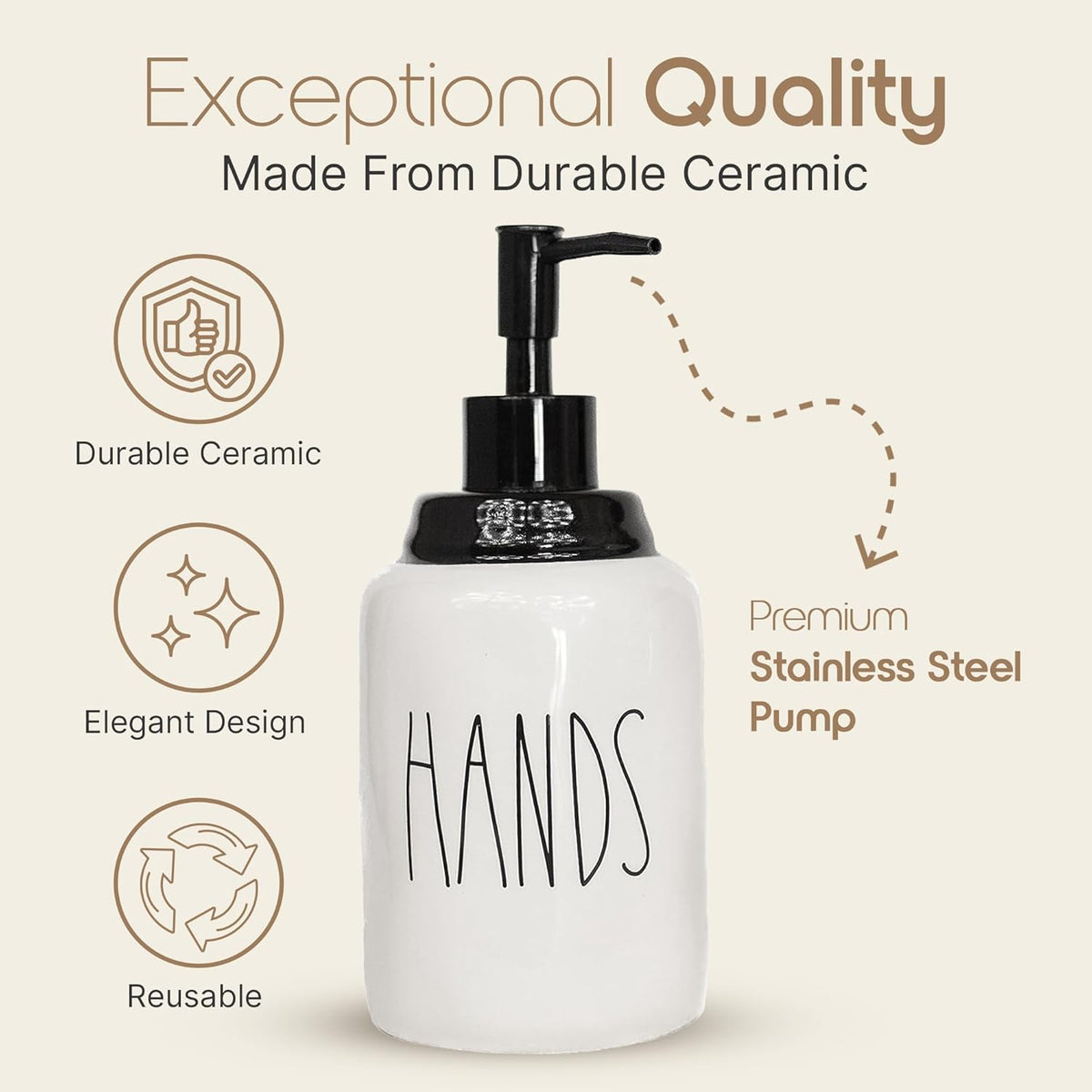Modern Farmhouse Ceramic Dishes and Hands Soap Dispenser Set for Kitchen | Stainless Steel Pumps |