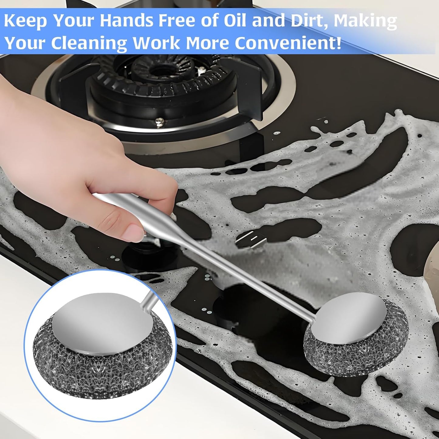 2Pcs Stainless Steel Wool Scrubber Sets, Dish Scrubber with Long Short Handle Stainless Steel