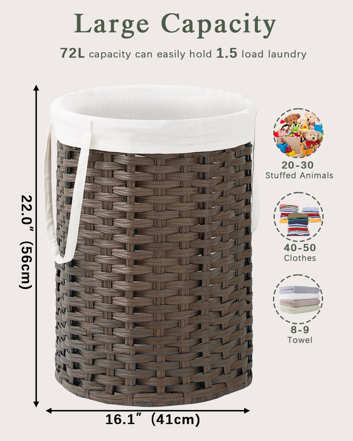 Laundry Hamper Laundry Basket Round 19.0 Gal (72 L) Handwoven Rattan Laundry Basket, Large Wicker