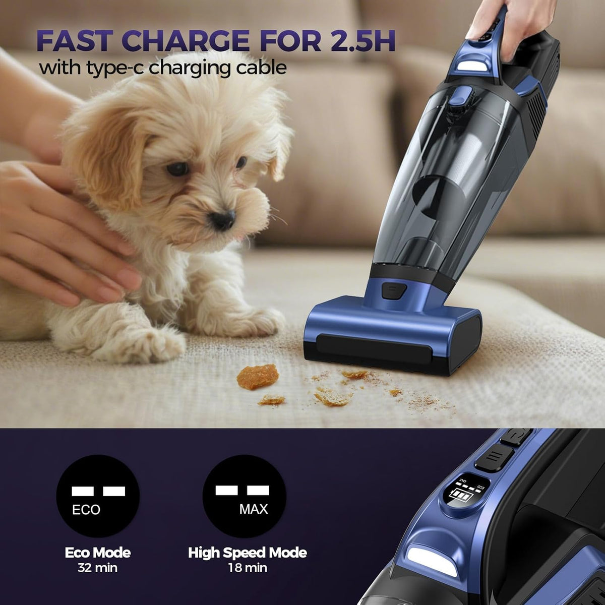 Pet Hair Handheld Vacuum Cordless: 20000PA High Power Car Vacuum with Motorized Brush and LED