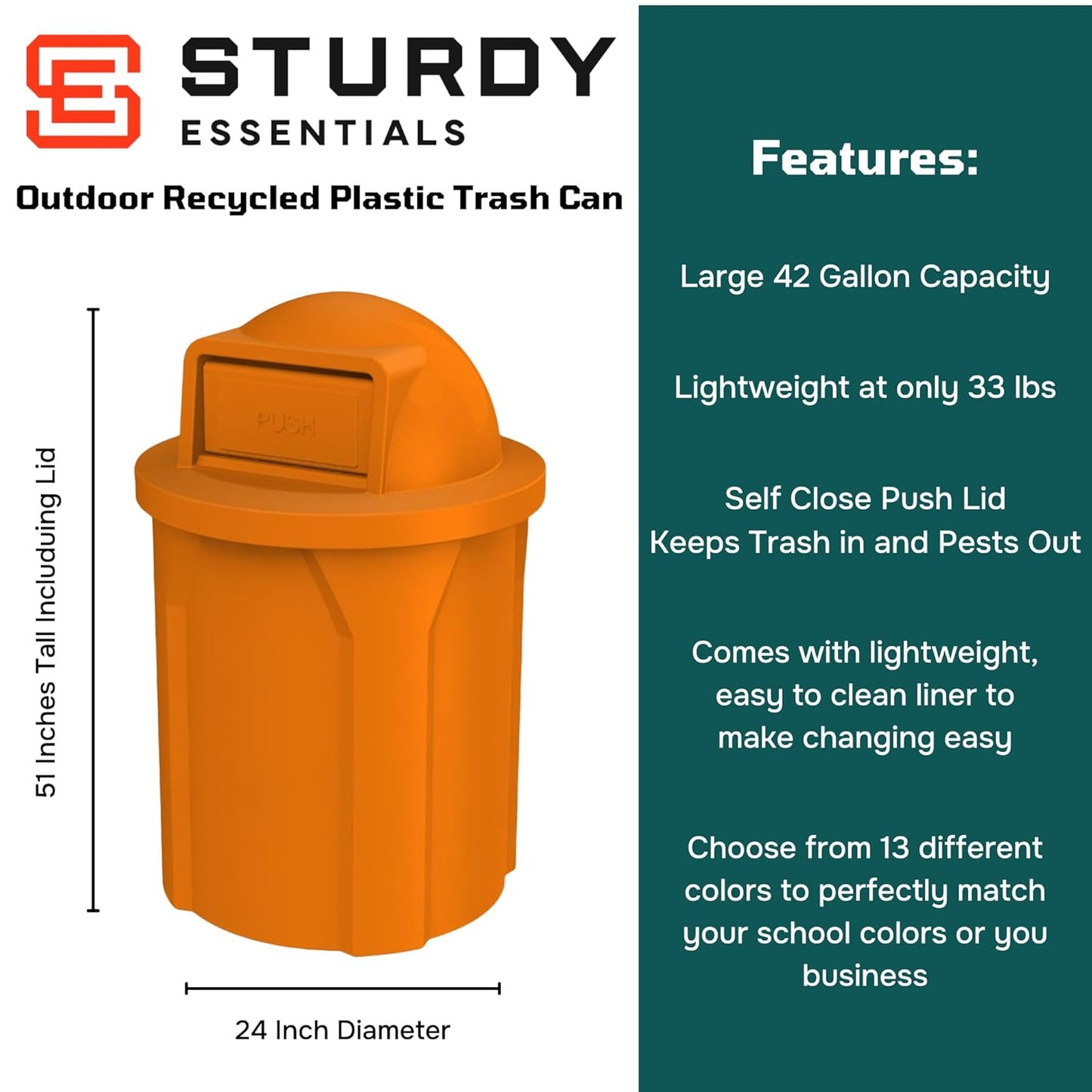 42 Gallon Circle 100% Recycled Plastic Heavy Duty Outdoor Commercial Trash Can with Push Open Dome