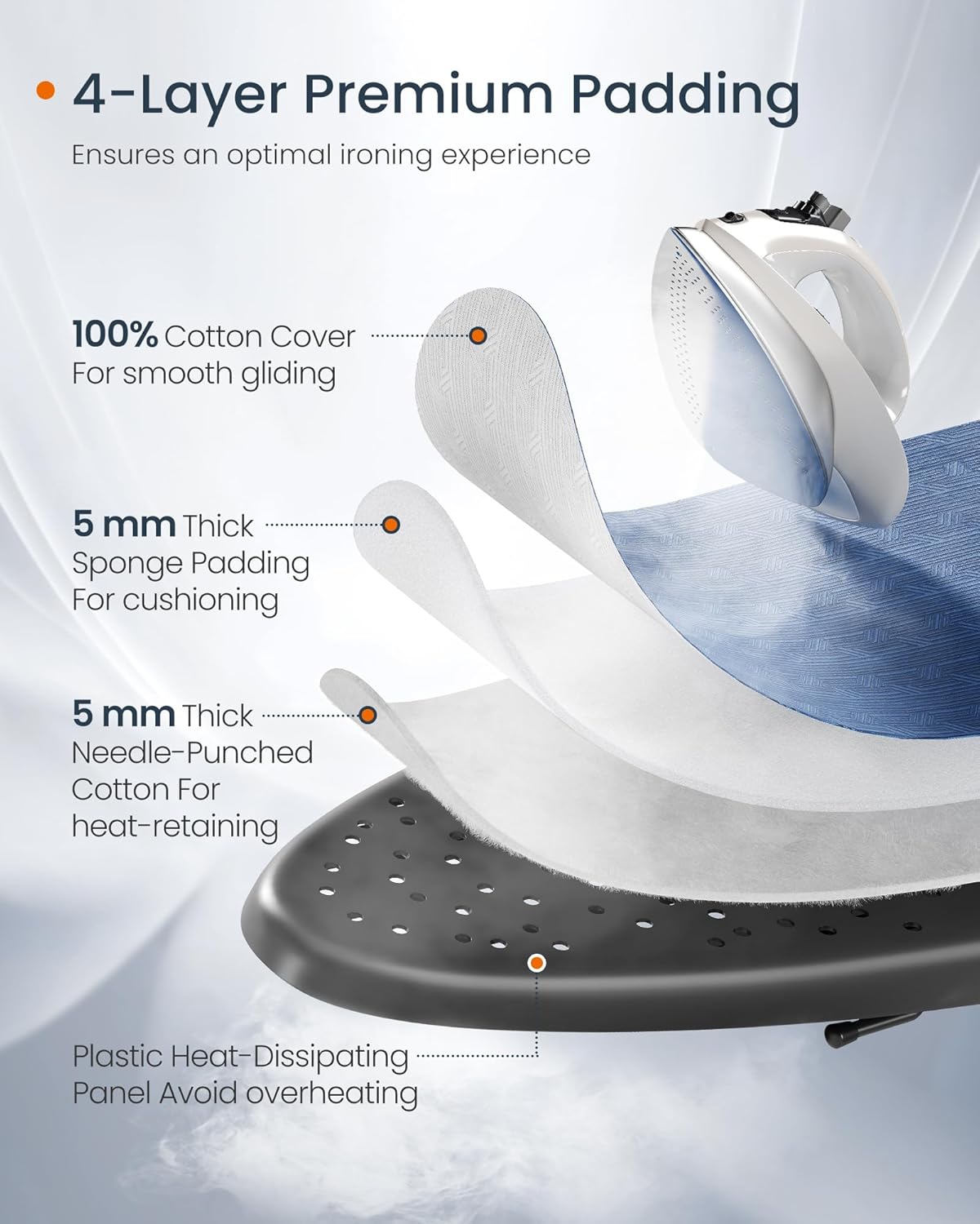 SONGMICS Ironing Board, Foldable Iron Board, Height Adjustable up to 35 Inches, with 4 Layered