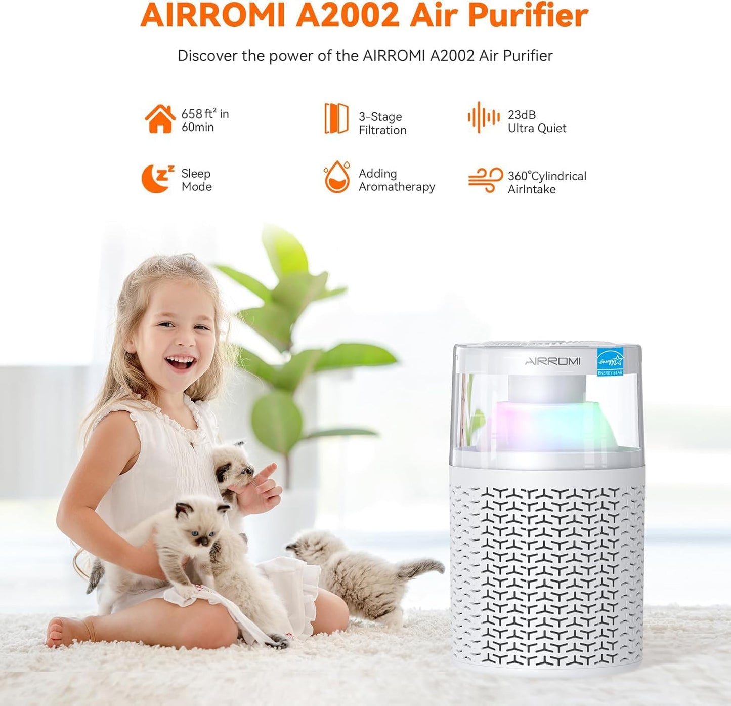 AIRROMI Air Purifiers for Bedroom Home,Up to 658 Ft²,Activated Carbon Filter Cleaner,With Fragrance