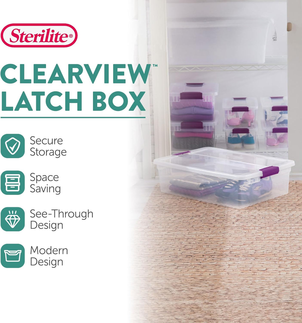 Sterilite 18-Pack 32 Quart ClearView Latch Box, Stackable Organizer Bins with Latching Lids - Clear