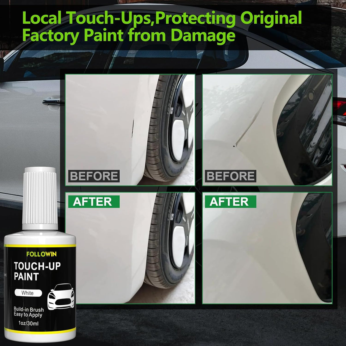 FOLLOWIN White Touch Up Paint for Cars, Car Paint Scratch Repair,Built-in Brush Auto Paints