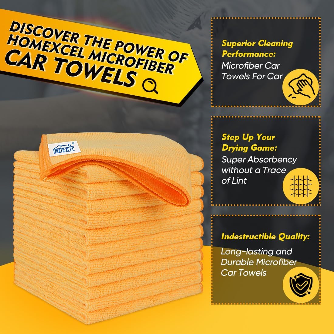 HOMEXCEL Yellow Microfiber Cleaning Cloths 12 Pack, 12.5 x 12.5 inch Microfiber Towel for Cars