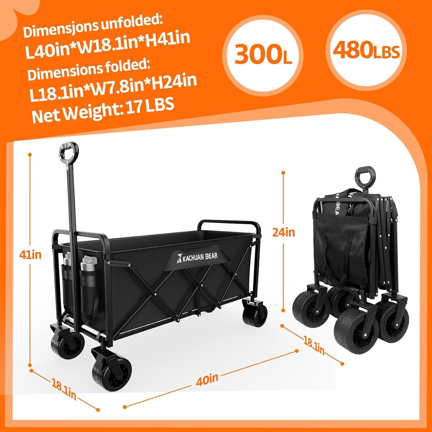 300L Large Collapsible Wagons Carts with Big All-Terrain Beach Wheels, Foldable Shopping Wagon