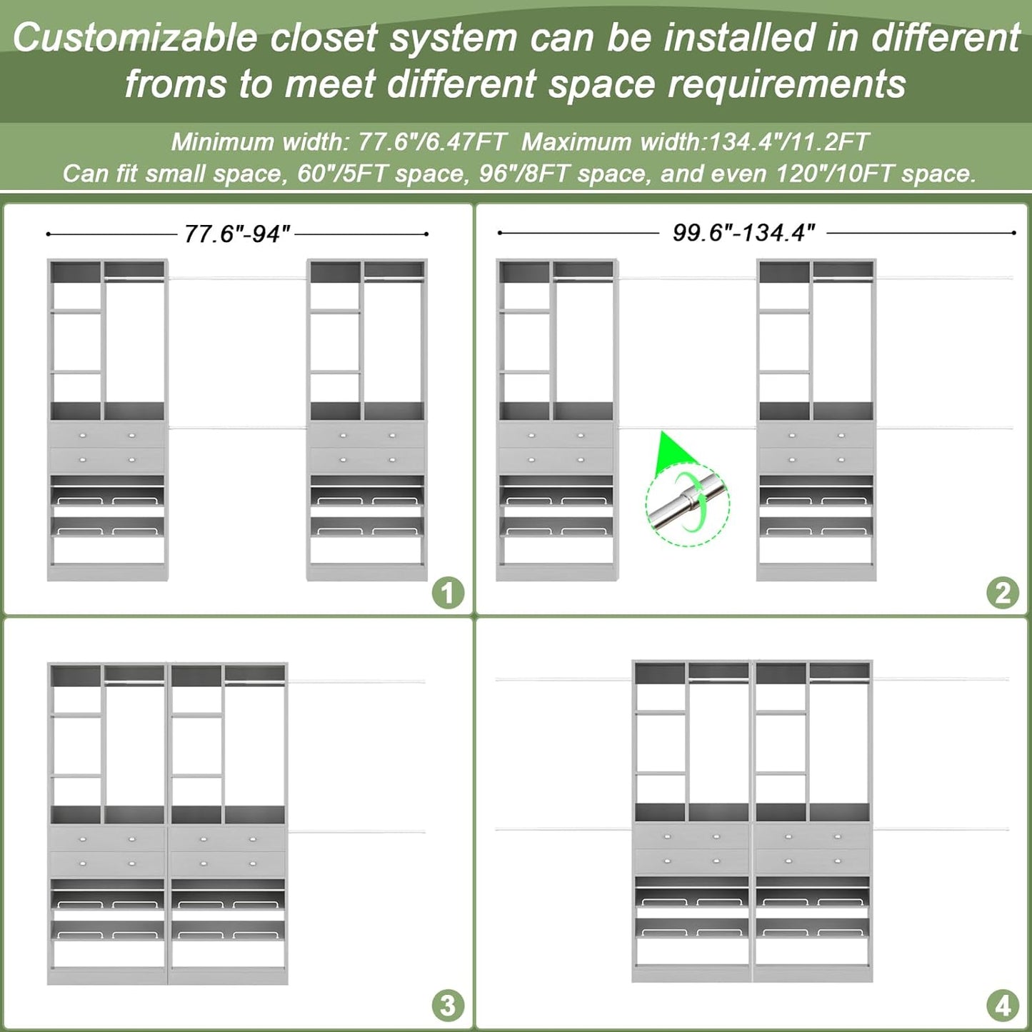 Closet System, Up to 134"/11.2 FT Closet Organizer with 4 Wooden Drawers and Shelves, Walk-in