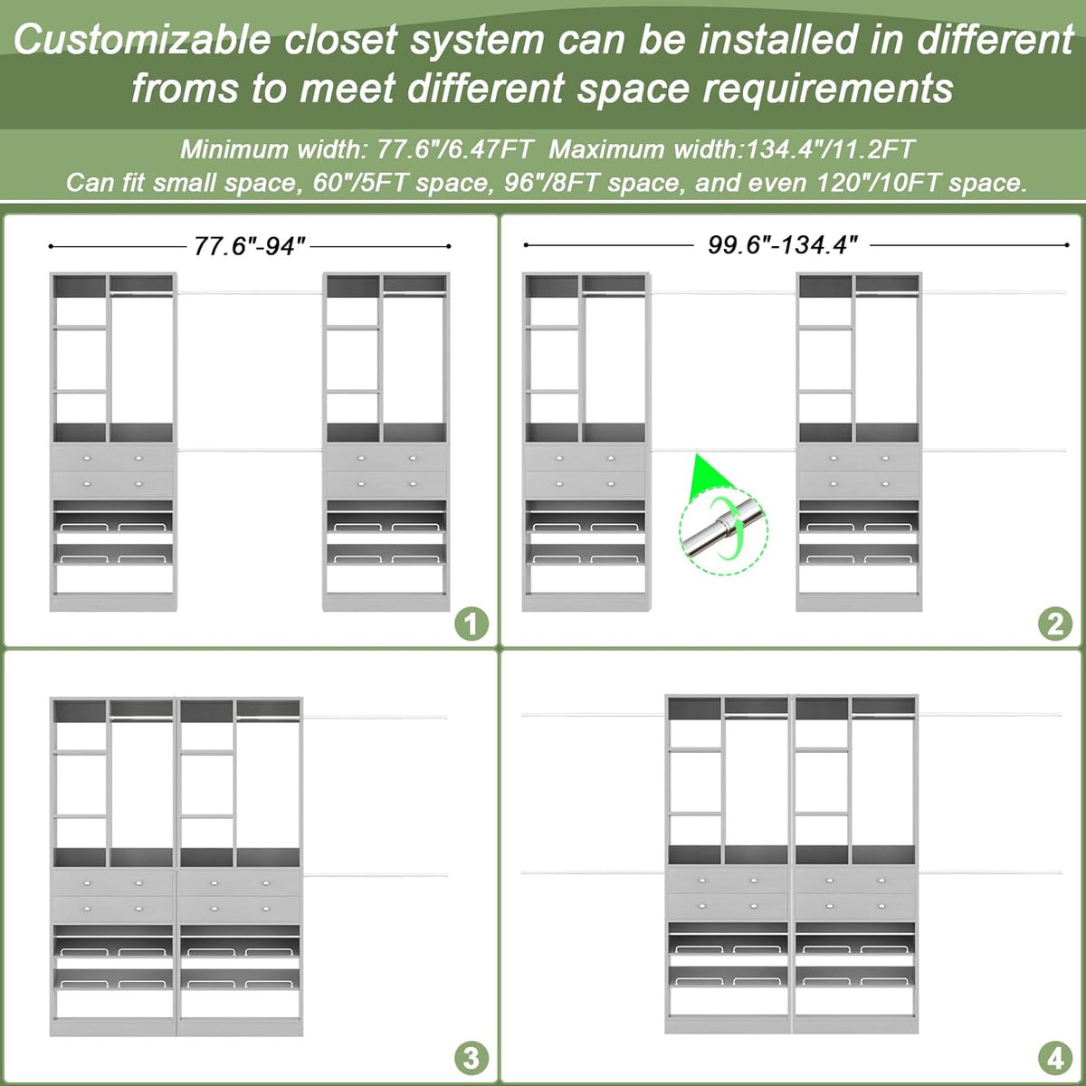 Closet System, Up to 134"/11.2 FT Closet Organizer with 4 Wooden Drawers and Shelves, Walk-in