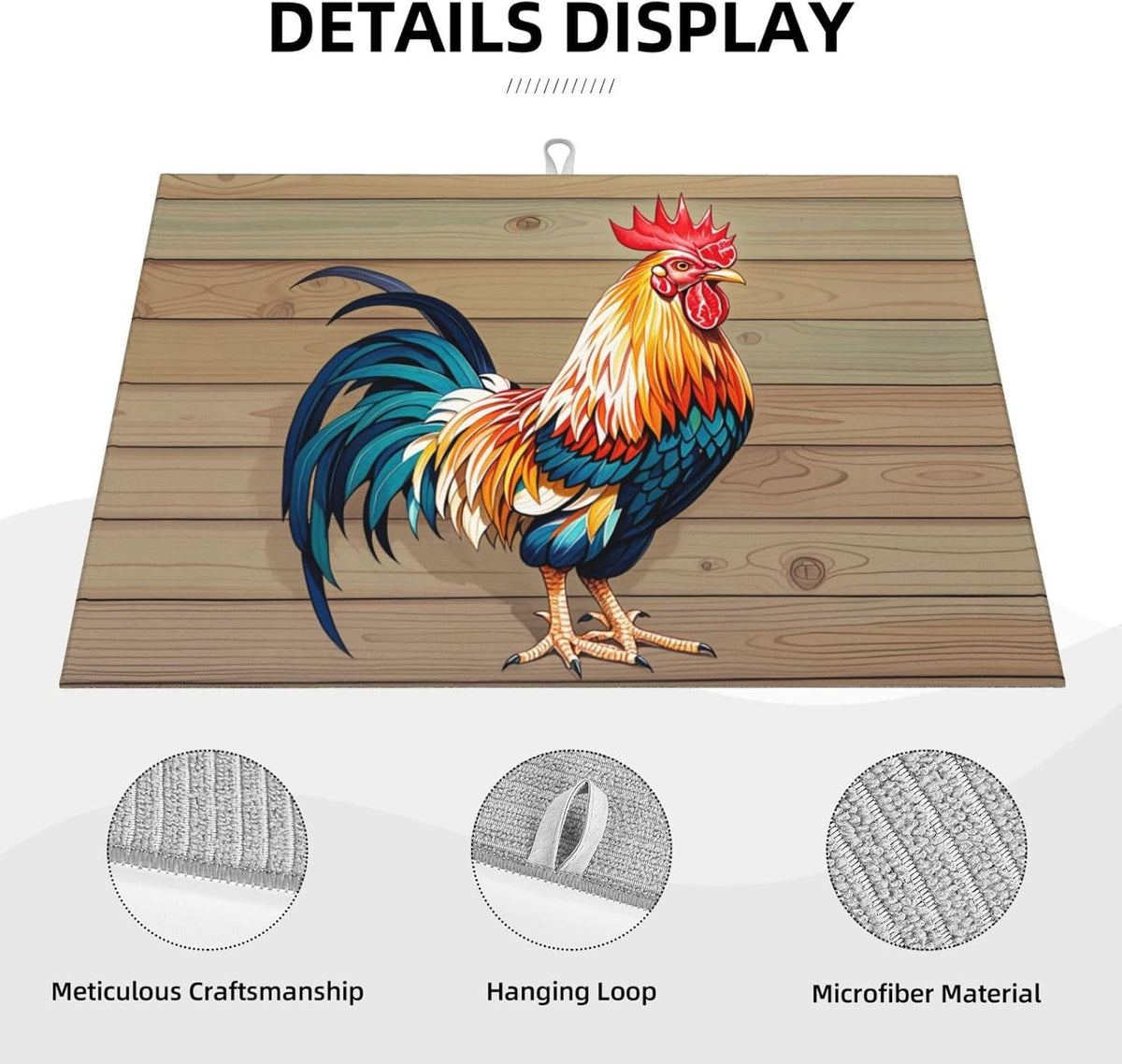 Rooster Dish Drying Mat Highly Absorbent Double-Sided Microfiber with Hanging Loop Reversible Drain