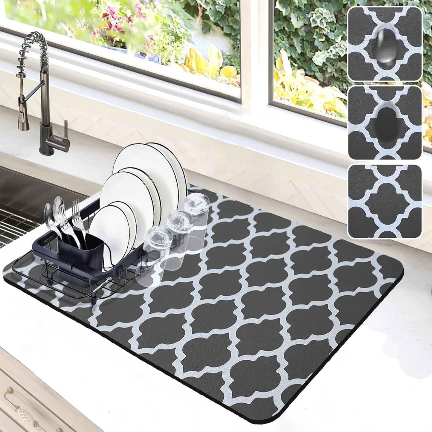 Dish Drying Mat for Kitchen Counter, 12"x19" Dish Drying Pad with Non-slip Rubber Backed, Hide