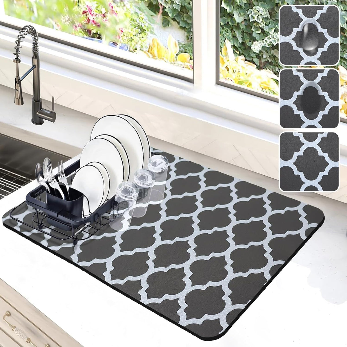 Dish Drying Mat for Kitchen Counter, 12"x19" Dish Drying Pad with Non-slip Rubber Backed, Hide