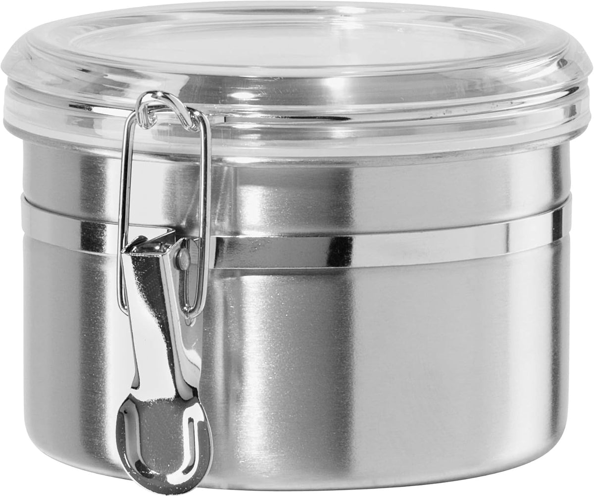 OGGI Stainless Steel Kitchen Canister 26 fl oz - Airtight Clamp Lid, Clear See-Thru Top - Ideal for
