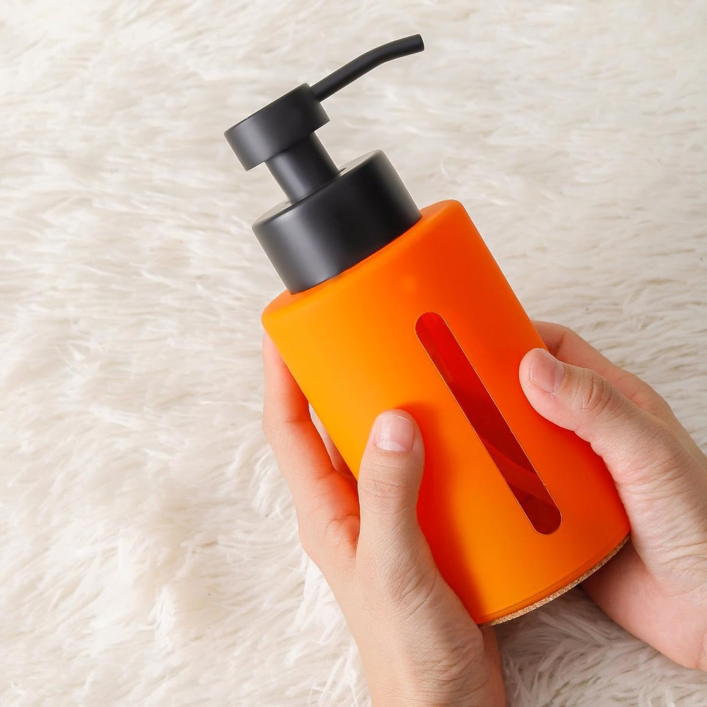 Enra Fall Glass Soap Dispenser with Window,12oz Orange Bathroom Soap Dispenser with Stainless Steel
