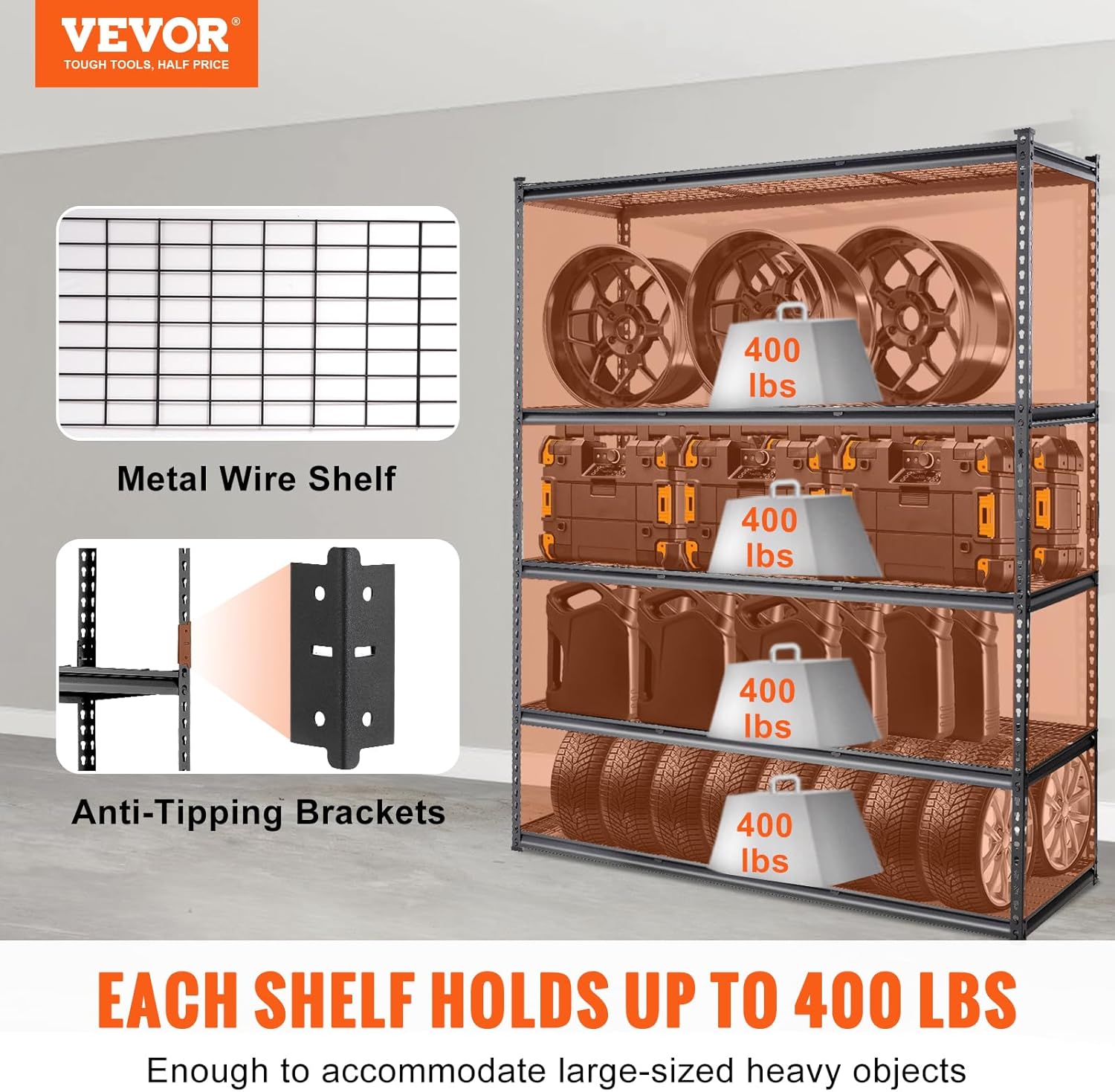 VEVOR Storage Shelving Unit, 5-Tier Adjustable, 2000 lbs Capacity, Heavy Duty Garage Shelves Metal
