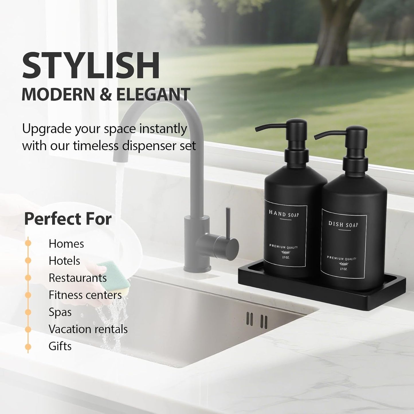 Matte Black Soap Dispenser Set, 17 OZ Hand and Dish Soap Dispenser Set, Bathroom Refillable Soap