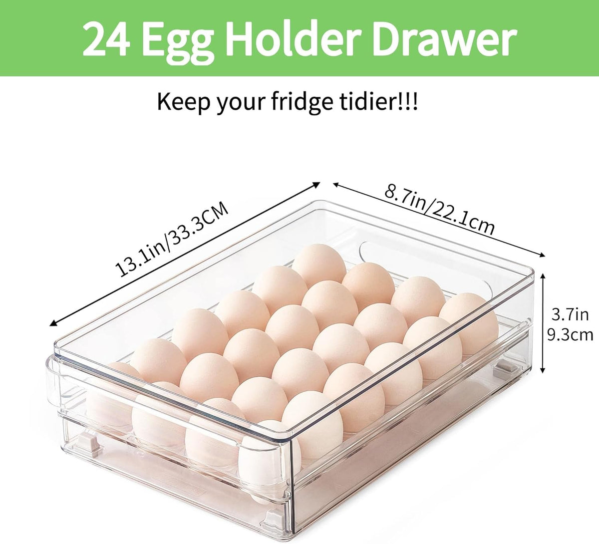 vacane 24 Capacity Egg Holder for Refrigerator Organizer Bins, BPA Free Egg Storage Container with
