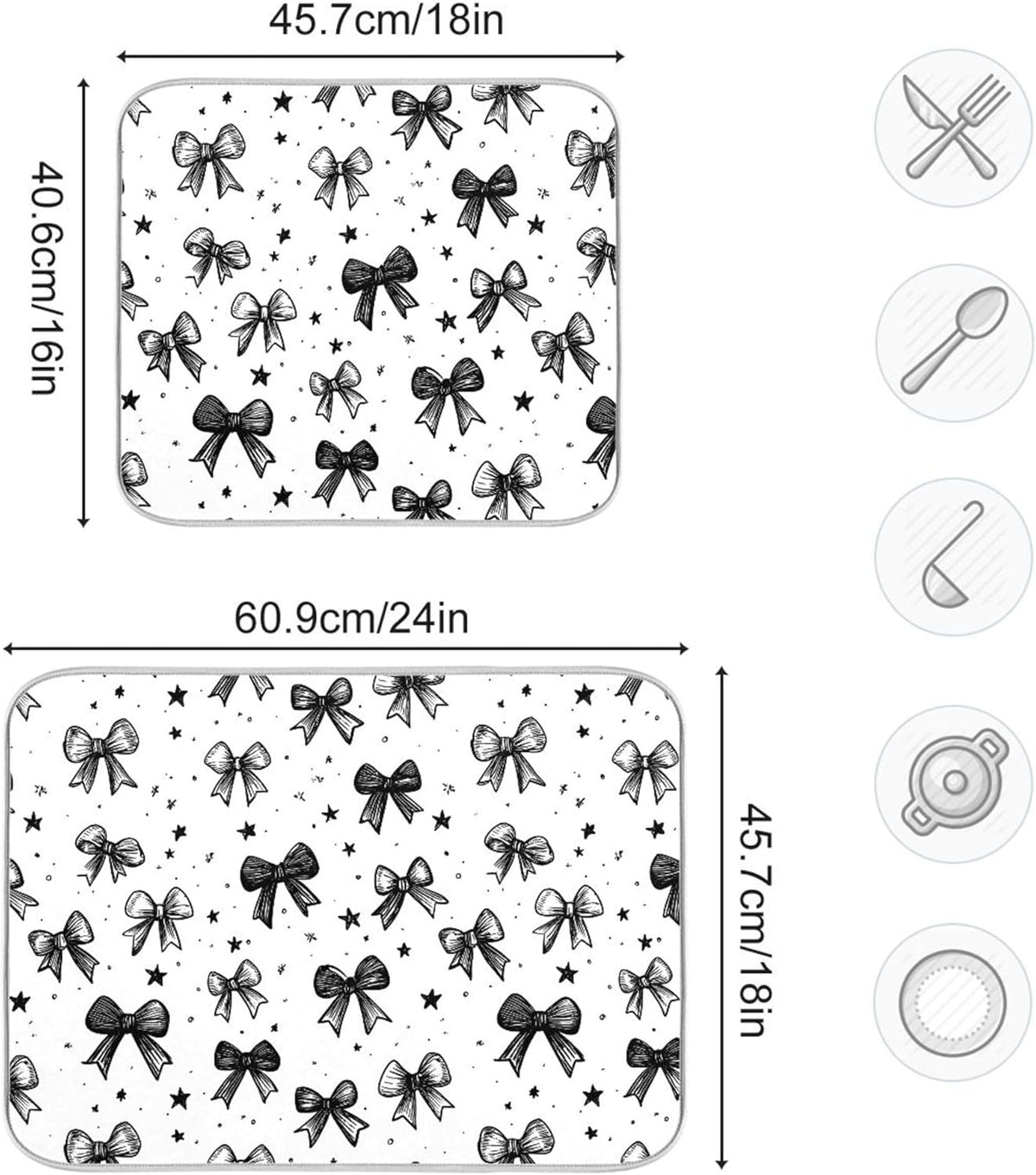 Black White Bowknot Dish Drying Mat for Kitchen Countertop 18x24 Rectangle Bow Large Drying Mat