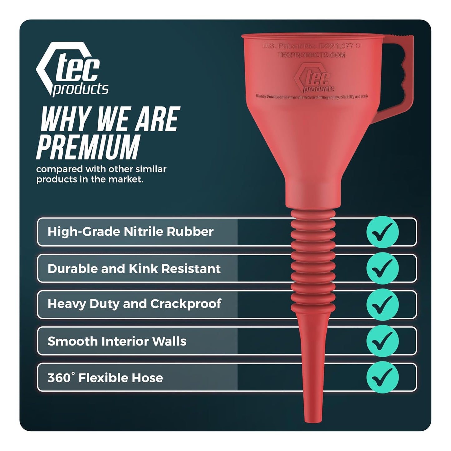 TEC Products FlexAll Long Flexible Funnel for Automotive Use - Durable Nitrile Rubber - Ideal for