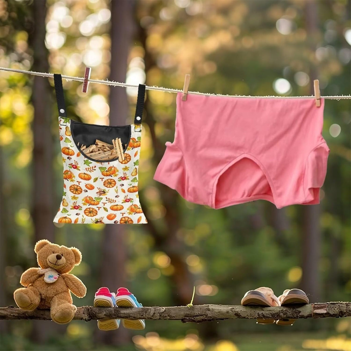 Pumpkin Print Clothespin Bag with Hanging Rope Space-Saving Clothespin Storage Organizer Waterproof