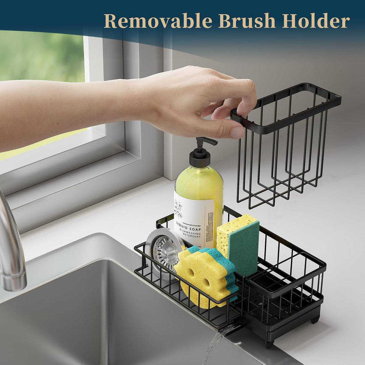 Consuemst Sponge Holder for Kitchen Sink - Auto Draining Sink Caddy Organizer with Detachable Rack