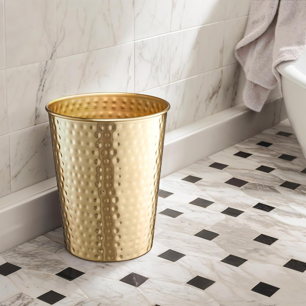Monarch Abode Brushed Gold Hand Hammered Metal Wastebasket for Home Office Bedroom, Decorative