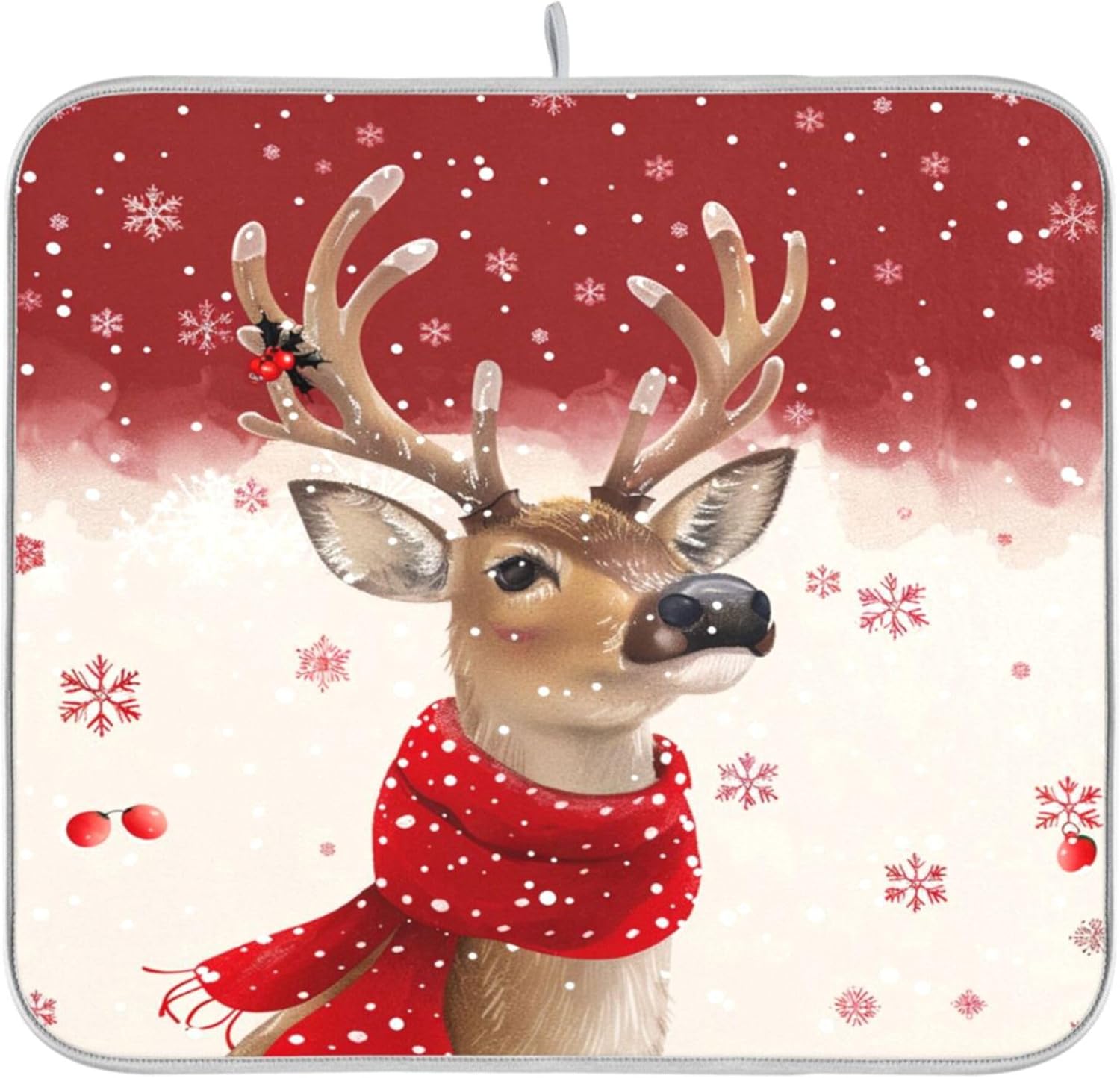Christmas Reindeer Dish Drying Mat for Kitchen Countertop 16x18 Winter Snowflake Red Xmas Small
