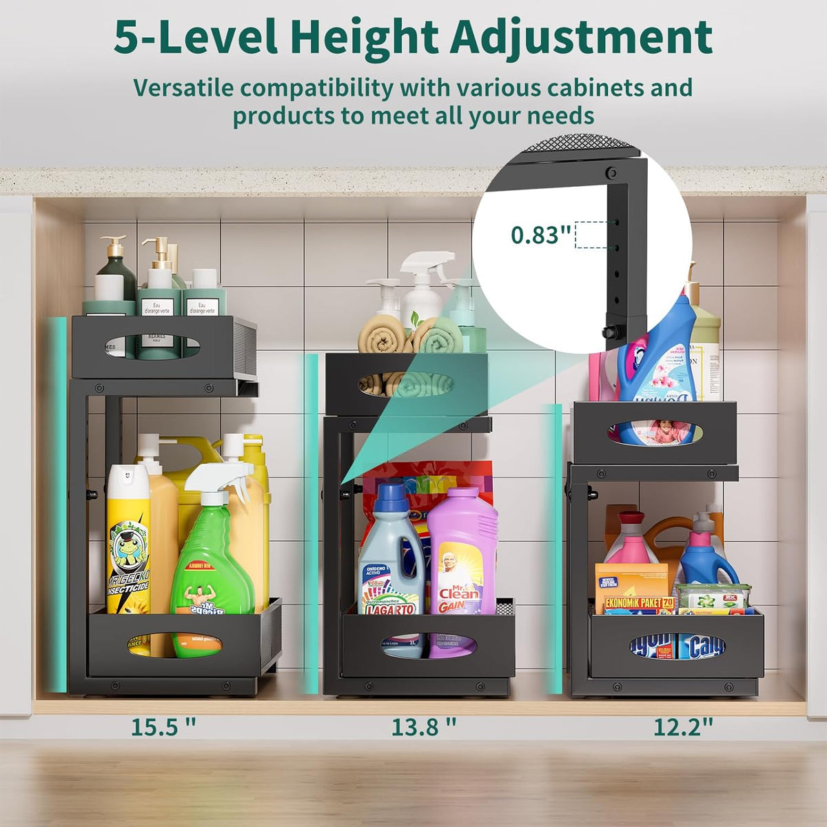 Under Sink Organizer, 2-Pack of 2-Tier Metal Slide Out Pull Out Cabinet Organizer Shelf, Height