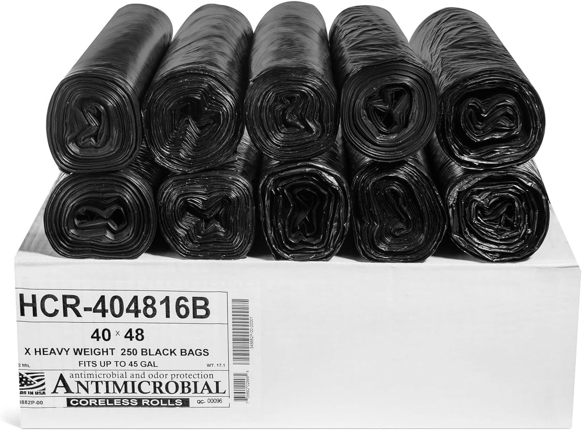 Aluf Plastics High Density Trash Bags, 45 Gallon, 250 Count, 16 Micron (eq), 40" x 48", Black, for